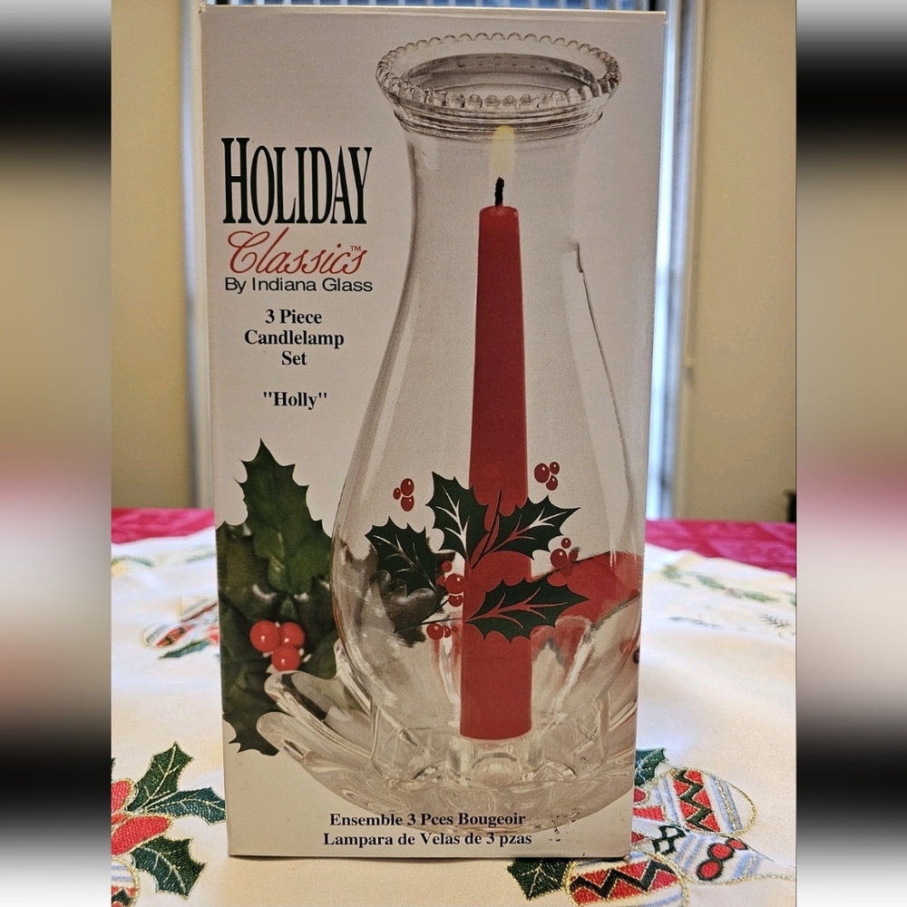 Vintage Indiana Glass Holiday Classics 3-Piece Candle Lamp Winter Christmas - Picture 3 of 9